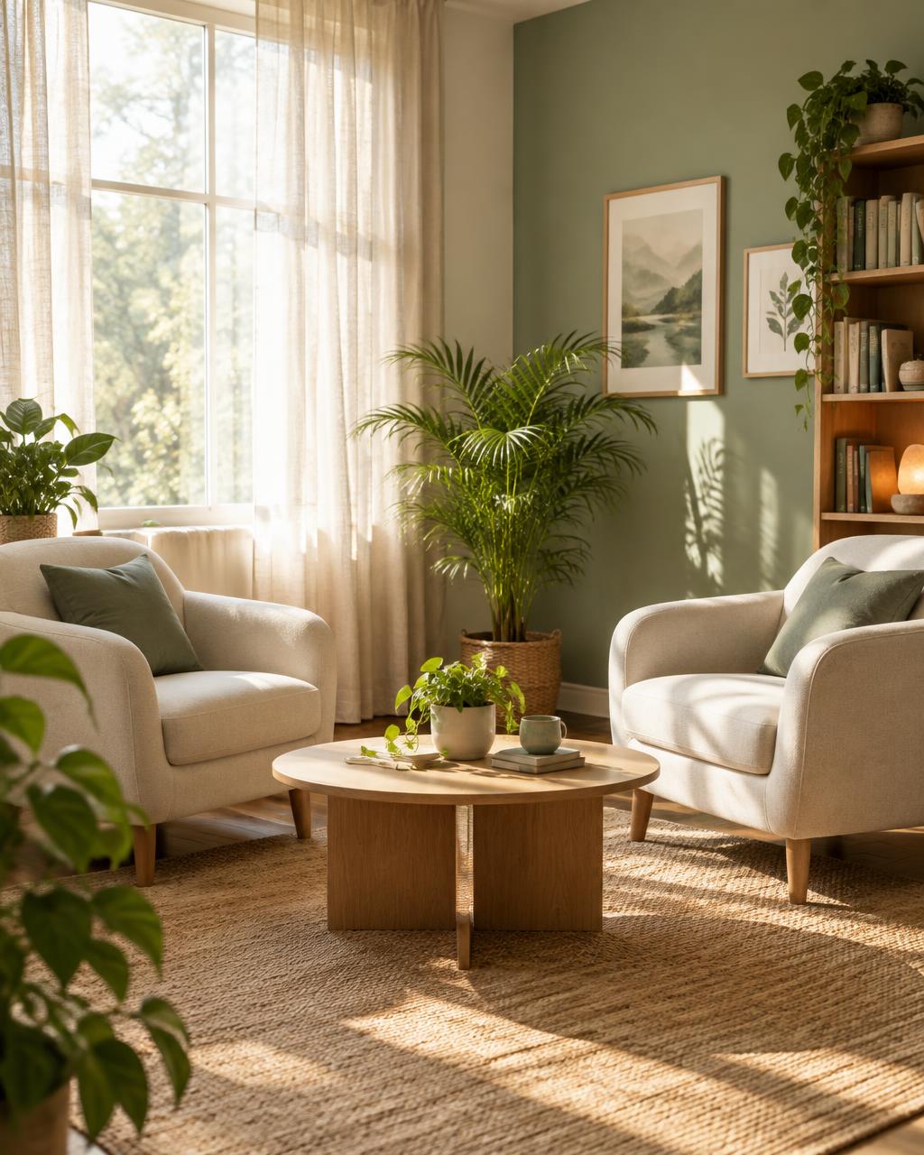 Consultorio de psicología con luz natural, plantas y sillones